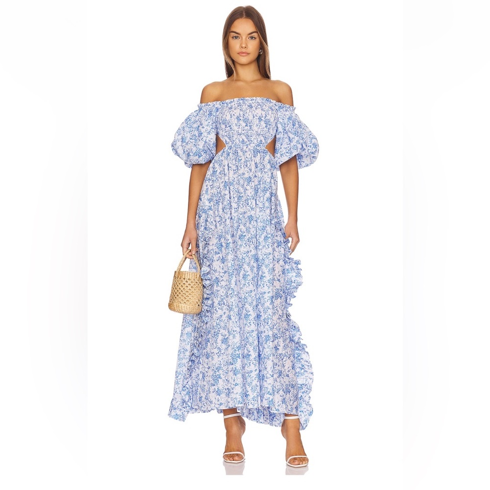 Caroline Constas Blue and White Smocked Off-Shoulder Maxi Dress